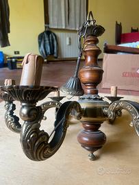 Lampadario in Ottone Brunito e Legno - Metà ‘900