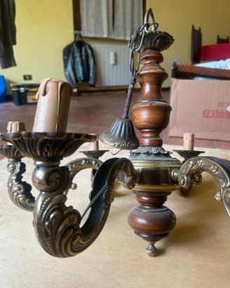 Lampadario in Ottone Brunito e Legno - Metà ‘900