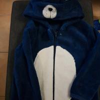 Pigiamone pile blu con cappuccio da orso