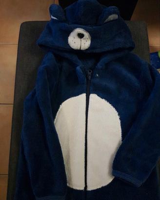 Pigiamone pile blu con cappuccio da orso