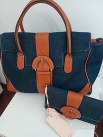 borsa tracolla e portafoglio in tessuto jeans 