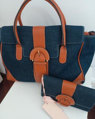 borsa tracolla e portafoglio in tessuto jeans 