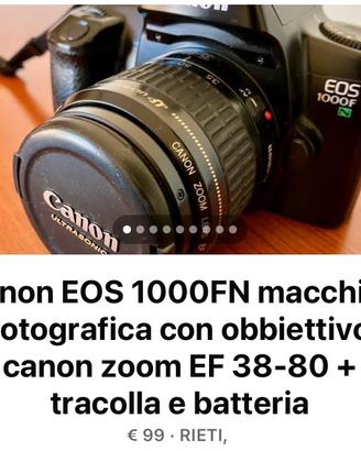 Canon EOS 1000FN reflex con obbiettivo e tracolla