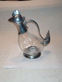 Decanter a forma di gallo in vetro e peltro