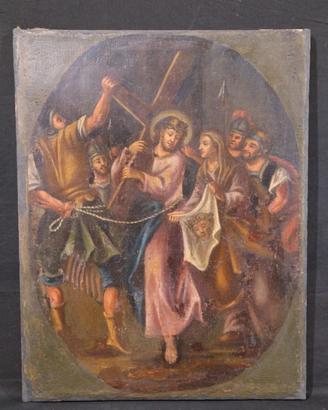 Antico dipinto via Crucis olio XVII secolo 600 