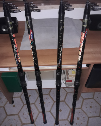 Quattro canne da surf casting con mulinello