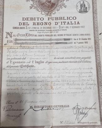 Certificato Debito Pubblico Regno d'Italia 1910