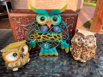 3 Gufi portafortuna (2 in legno + 1 metallo) 🦉
