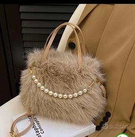 Borsa donna ragazza con finta pelliccia con perle