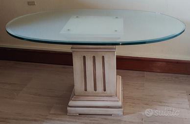 Tavolino legno e ripiano cristallo ovale 87x55 cm