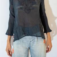 Blusa donna nera maniche lunghe leggera ricamata
