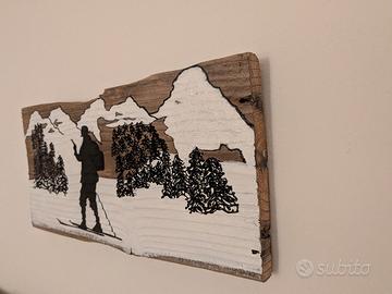 Quadro con sciatore d'epoca in legno vecchio