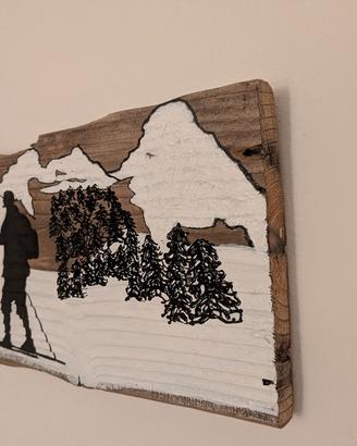 Quadro con sciatore d'epoca in legno vecchio