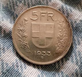 Moneta Svizzera 5 Franchi del 1933