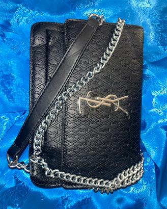 Borsa a tracolla nera stile YSL con catena argento