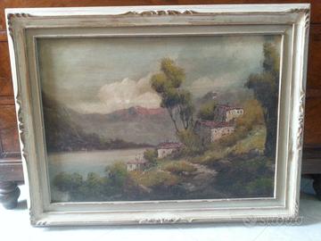 Antico dipinto olio su faesite -paesaggio lacustre