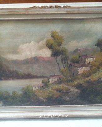 Antico dipinto olio su faesite -paesaggio lacustre