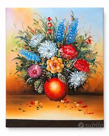 Crisantemi in vaso rosso - olio su tela 50x40