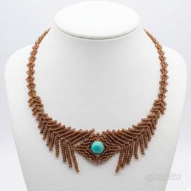 Collana artigianale boho vintage pavone turchese