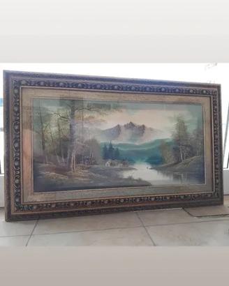 Quadro Dipinto Paesaggio con Lago Cornice in Legno