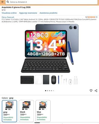 Tablet 13.4" Android 16 con Tastiera Penna e Mouse