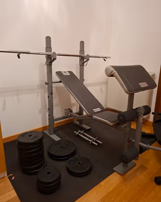 Panca per pesi Domyos BM210+manubri,pesi,bilancier