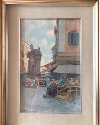 Dipinto olio su tela, Scena di Mercato (Riccio)