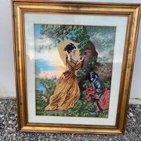 Quadro ricamato a punto-croce con cornice dorata