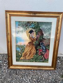 Quadro ricamato a punto-croce con cornice dorata
