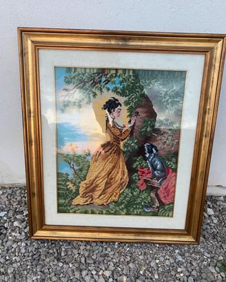 Quadro ricamato a punto-croce con cornice dorata