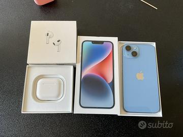 iPhone 14 blu 128 + AirPods 3 gen e accessori