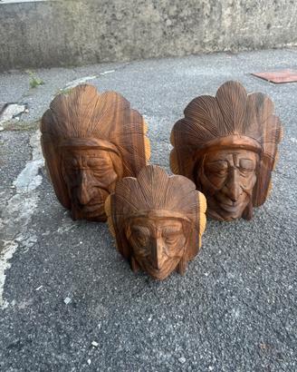 3 Maschere Legno Intagliate Nativi Americani