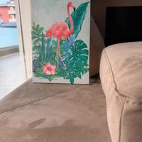 Canva/tela con fenicotteri rosa e foglie verdi