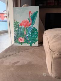 Canva/tela con fenicotteri rosa e foglie verdi