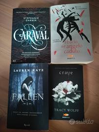 4 libri fantasy: Caraval, Fallen, Crave, Hush Hush