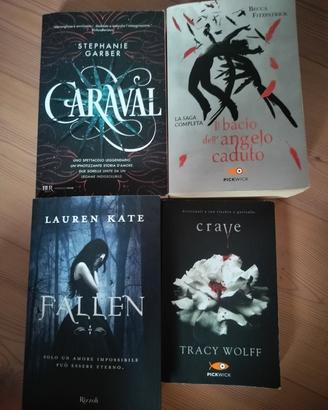 4 libri fantasy: Caraval, Fallen, Crave, Hush Hush