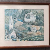 Aquarell 'Alpenlandschaft mit Kirche und Burg