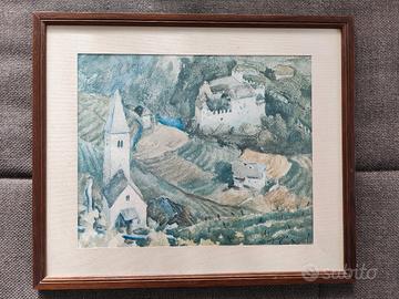 Aquarell 'Alpenlandschaft mit Kirche und Burg