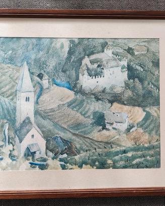 Aquarell 'Alpenlandschaft mit Kirche und Burg