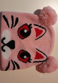 Cappellino lana rosa gatto con pon pon