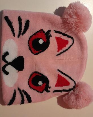 Cappellino lana rosa gatto con pon pon