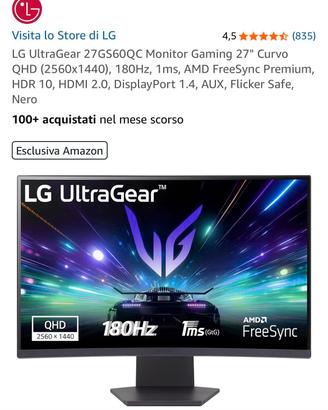 LG ultragear  monitor gaming 27 pollici curvo QHD