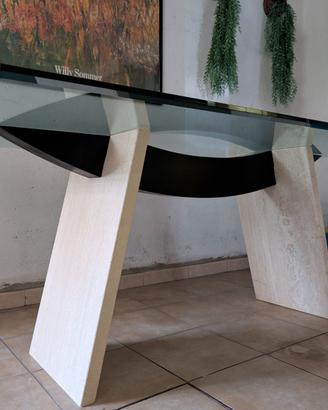 Tavolo salotto/ufficio in Cristallo e Travertino