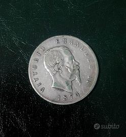 MONETA 5 lire 1874 Milano Argento 900 Emanuele II