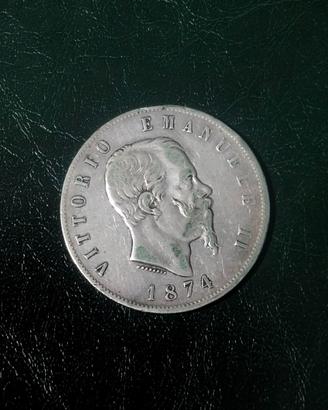 MONETA 5 lire 1874 Milano Argento 900 Emanuele II