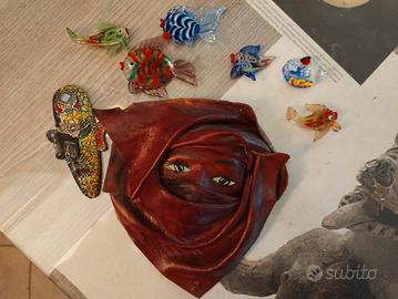 pesci in vetro+maschera sarda+testa africana 