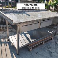 banco in acciaio con piano in marmo e due cassetti