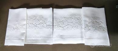 Due coppie di asciugamani in puro lino e ricami