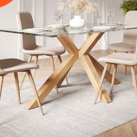 tavolo con piano in vetro e piede legno