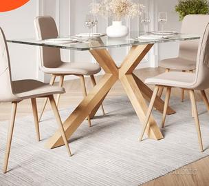 tavolo con piano in vetro e piede legno